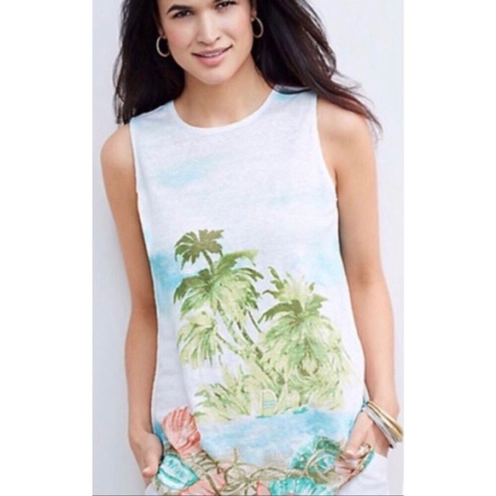 J. Jill Love Linen Island Getaway Tank Womens 1X Beach Scene Coastal Top